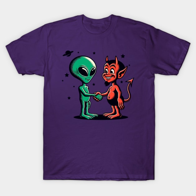 Alien and devil shaking hands T-Shirt by Art_Boys